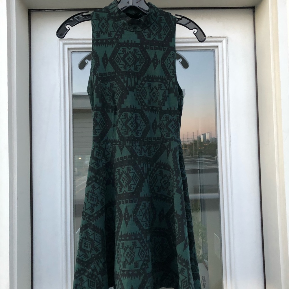 Green and black geo print skater dress